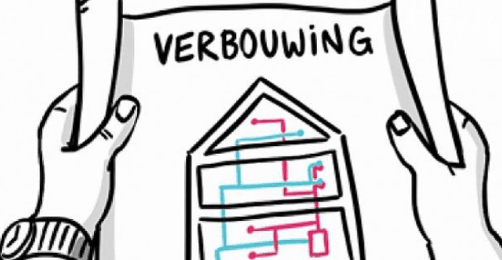 Tekening van twee handen die een bouwtekening met het woord verbouwing vasthouden